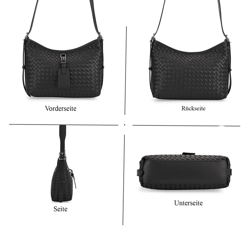 Echtleder-Crossbody-Bag im Flechtdesign, 27x9x20 cm, Schwarz