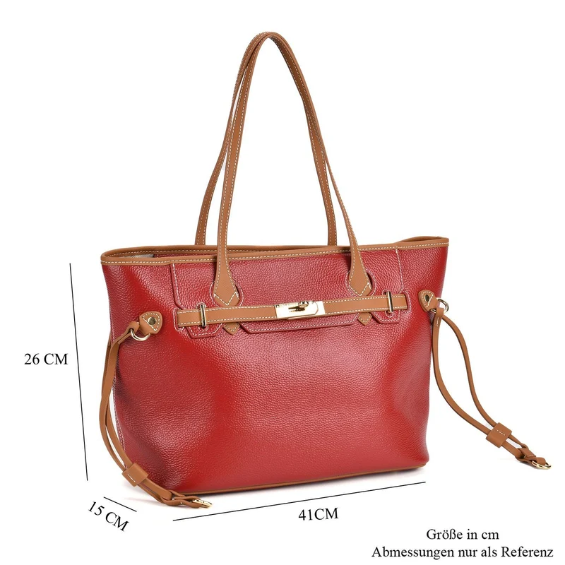 life-style:Genuine Leather Tote bag Color: Green with brown L:41*W:15*H:26cm ,Handle drop:22CM Wall: Genuine Leather Lining: Polyester Exterior:zipped-1, Interior: slip-1,zipped-1