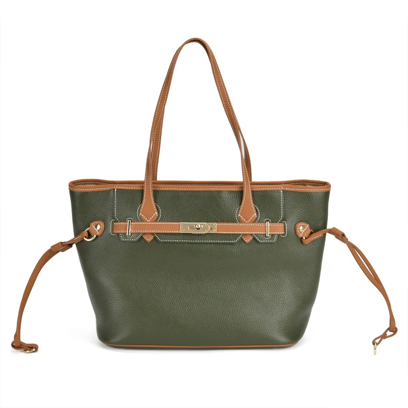 life-style:Genuine Leather Tote bag Color: Green with brown L:41*W:15*H:26cm ,Handle drop:22CM Wall: Genuine Leather Lining: Polyester Exterior:zipped-1, Interior: slip-1,zipped-1