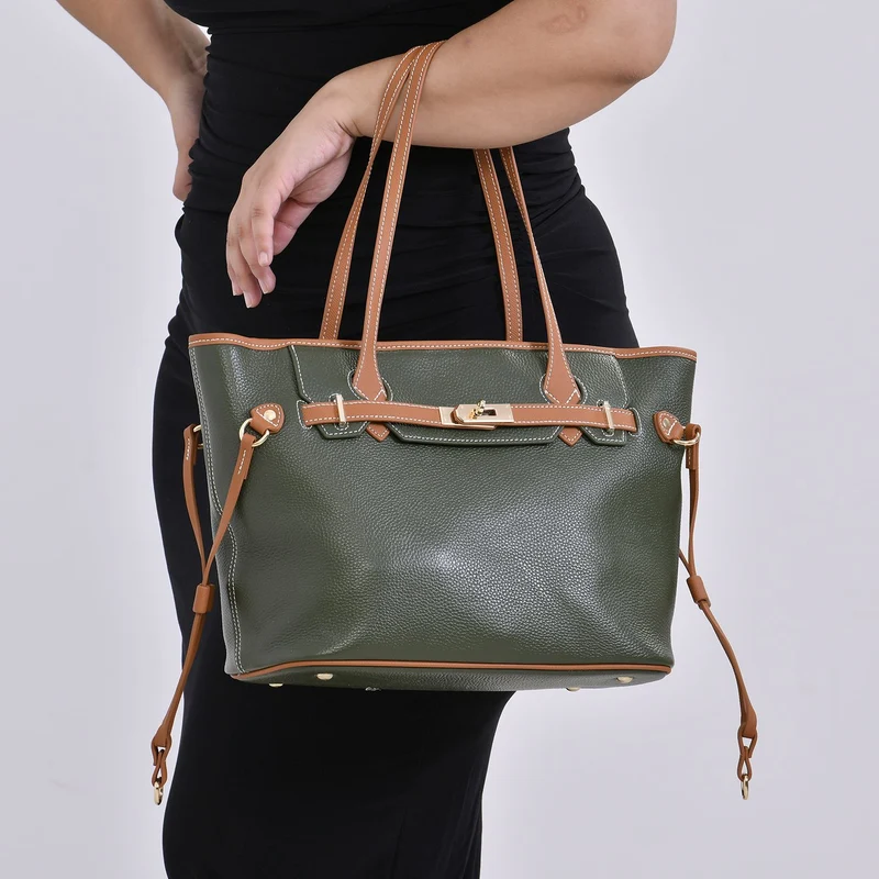 life-style:Genuine Leather Tote bag Color: Green with brown L:41*W:15*H:26cm ,Handle drop:22CM Wall: Genuine Leather Lining: Polyester Exterior:zipped-1, Interior: slip-1,zipped-1