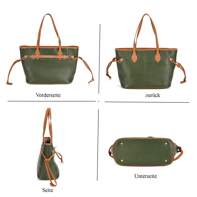 life-style:Genuine Leather Tote bag Color: Green with brown L:41*W:15*H:26cm ,Handle drop:22CM Wall: Genuine Leather Lining: Polyester Exterior:zipped-1, Interior: slip-1,zipped-1