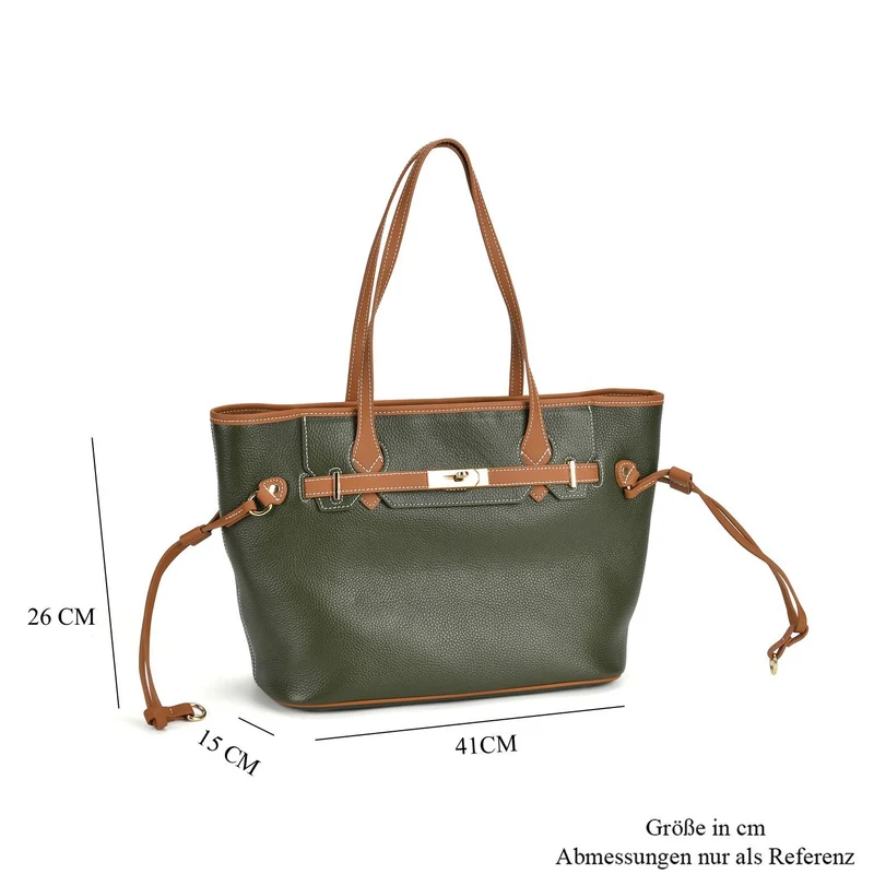 life-style:Genuine Leather Tote bag Color: Green with brown L:41*W:15*H:26cm ,Handle drop:22CM Wall: Genuine Leather Lining: Polyester Exterior:zipped-1, Interior: slip-1,zipped-1