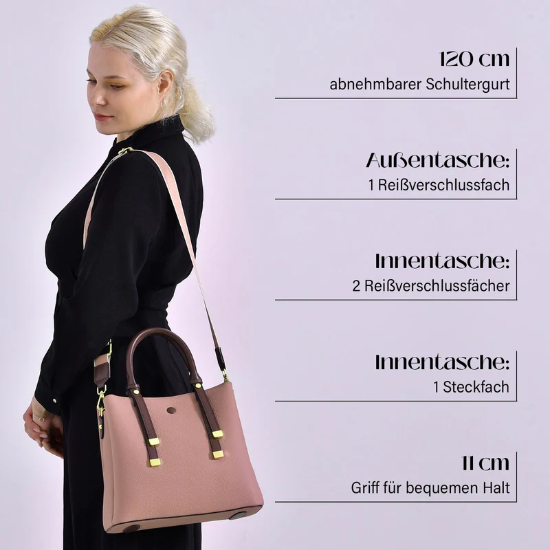 Echtes Leder - Vielseitige Tasche mit abnehmbarem Schulterriemen, 30x14x24 cm, Rosa