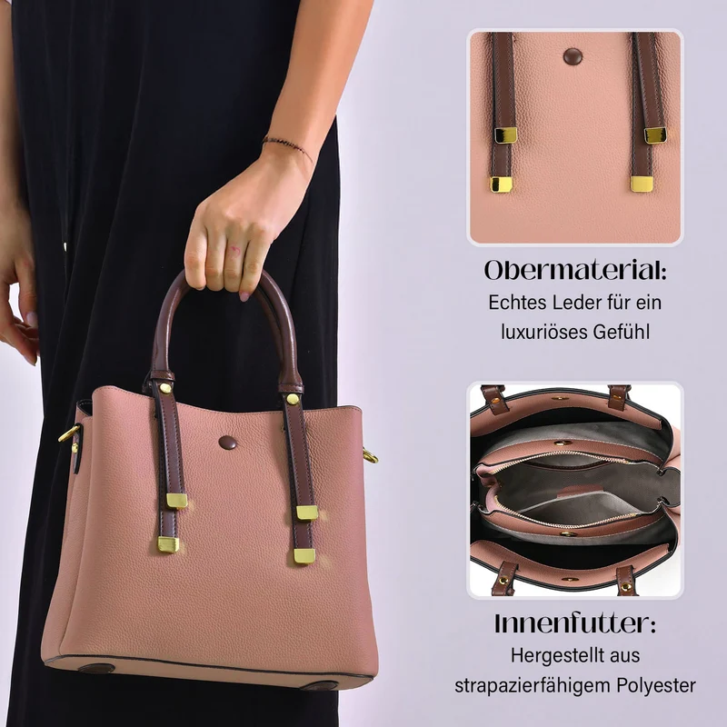 Echtes Leder - Vielseitige Tasche mit abnehmbarem Schulterriemen, 30x14x24 cm, Rosa