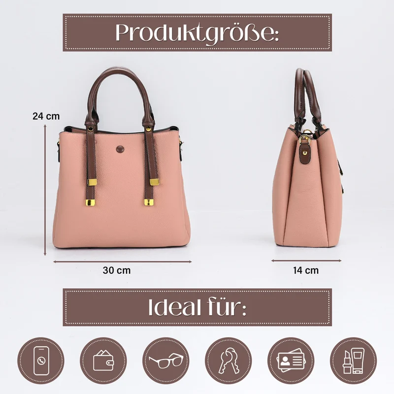 Echtes Leder - Vielseitige Tasche mit abnehmbarem Schulterriemen, 30x14x24 cm, Rosa