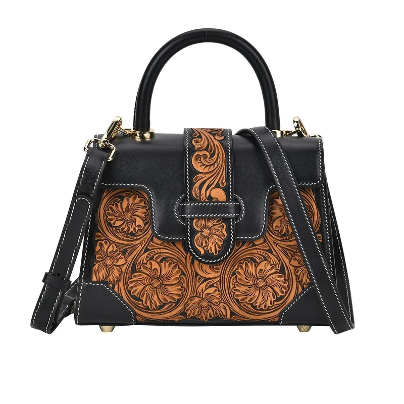 GRAND PELLE Elite Kollektion - Exklusive Handgravierte Leder-Satchelhandtasche mit Floralem Meisterwerk, Größe 23 x 16,5 x 9,5 cm, rot