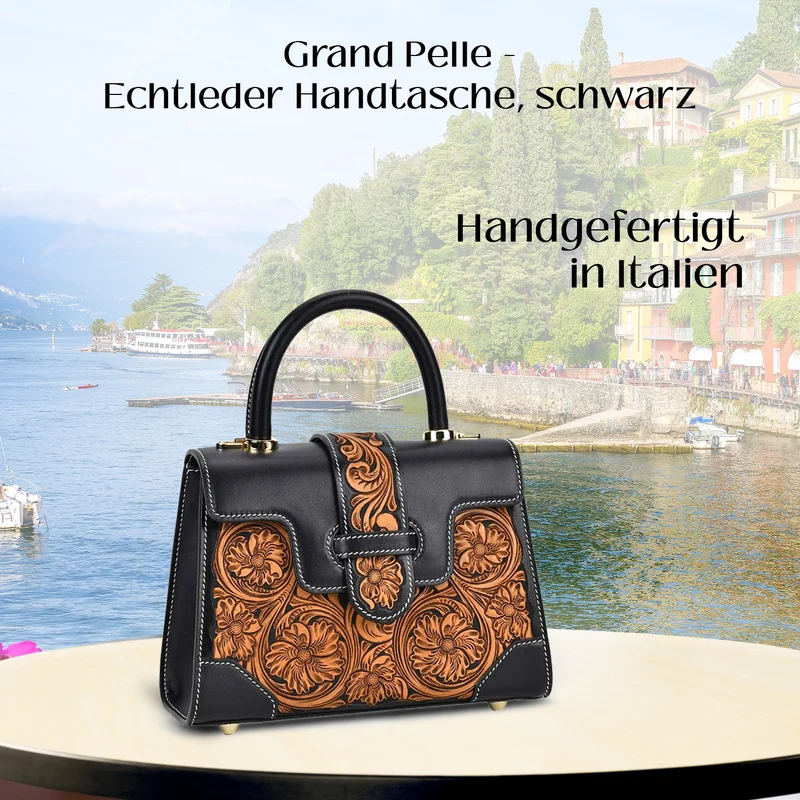GRAND PELLE Elite Kollektion - Exklusive Handgravierte Leder-Satchelhandtasche mit Floralem Meisterwerk, Größe 23 x 16,5 x 9,5 cm, rot