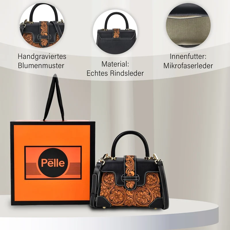 GRAND PELLE Elite Kollektion - Exklusive Handgravierte Leder-Satchelhandtasche mit Floralem Meisterwerk, Größe 23 x 16,5 x 9,5 cm, rot