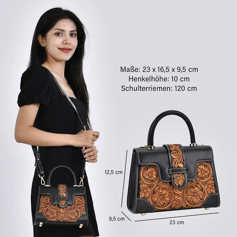 GRAND PELLE Elite Kollektion - Exklusive Handgravierte Leder-Satchelhandtasche mit Floralem Meisterwerk, Größe 23 x 16,5 x 9,5 cm, rot