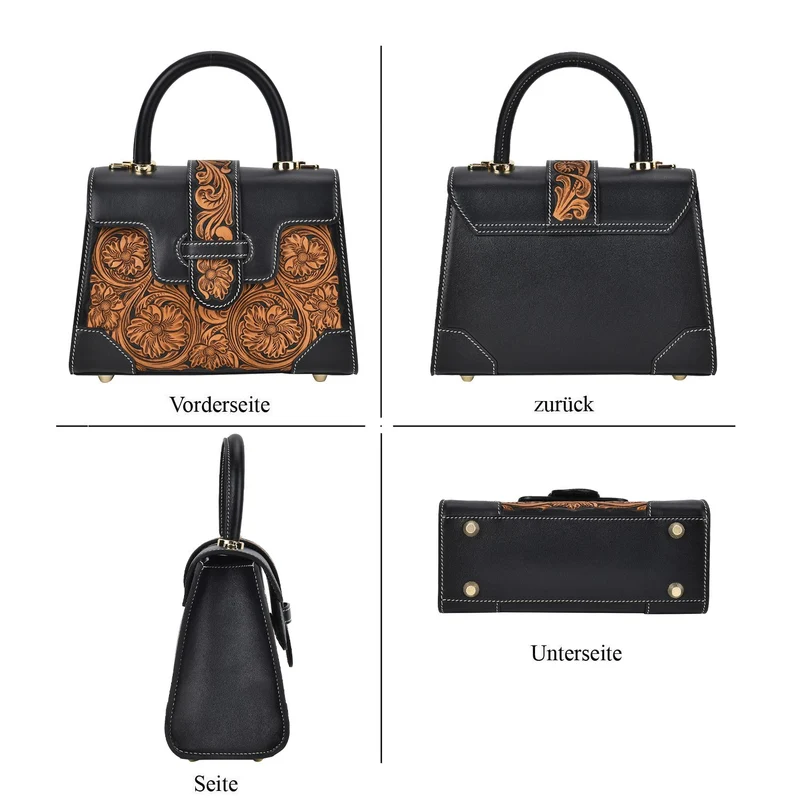 GRAND PELLE Elite Kollektion - Exklusive Handgravierte Leder-Satchelhandtasche mit Floralem Meisterwerk, Größe 23 x 16,5 x 9,5 cm, rot