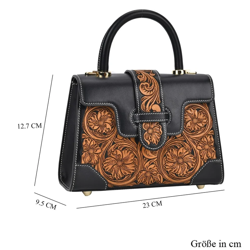GRAND PELLE Elite Kollektion - Exklusive Handgravierte Leder-Satchelhandtasche mit Floralem Meisterwerk, Größe 23 x 16,5 x 9,5 cm, rot