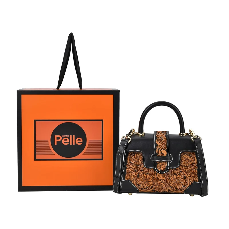 GRAND PELLE Elite Kollektion - Exklusive Handgravierte Leder-Satchelhandtasche mit Floralem Meisterwerk, Größe 23 x 16,5 x 9,5 cm, rot