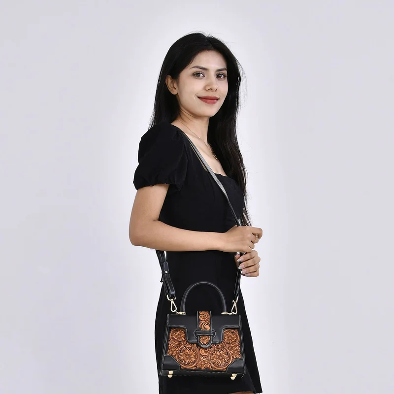 GRAND PELLE Elite Kollektion - Exklusive Handgravierte Leder-Satchelhandtasche mit Floralem Meisterwerk, Größe 23 x 16,5 x 9,5 cm, rot