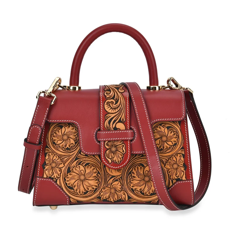 GRAND PELLE Elite Kollektion - Exklusive Handgravierte Leder-Satchelhandtasche mit Floralem Meisterwerk, Größe 23 x 16,5 x 9,5 cm, rot