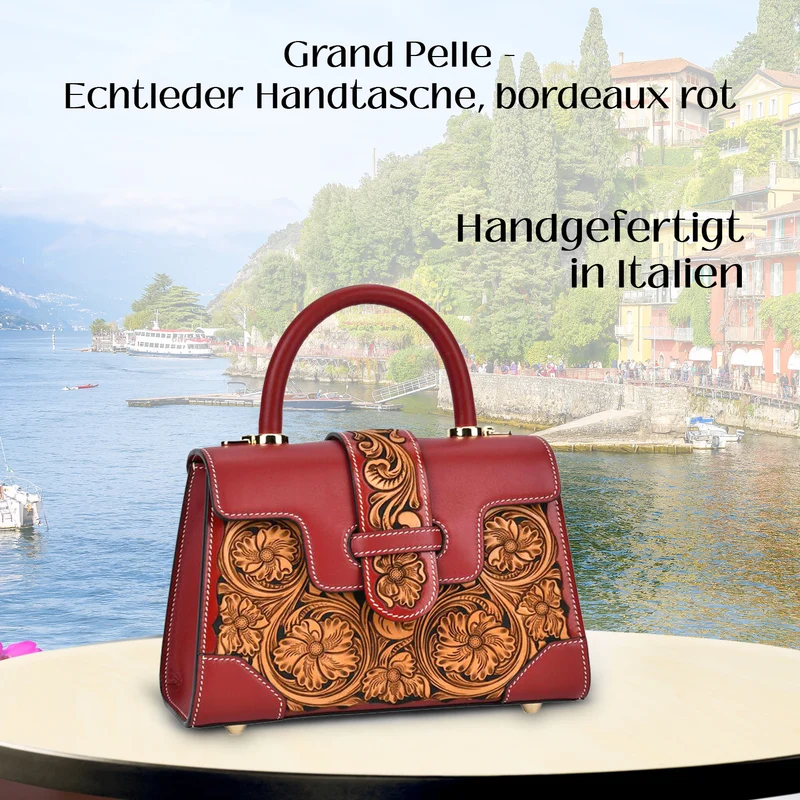 GRAND PELLE Elite Kollektion - Exklusive Handgravierte Leder-Satchelhandtasche mit Floralem Meisterwerk, Größe 23 x 16,5 x 9,5 cm, rot