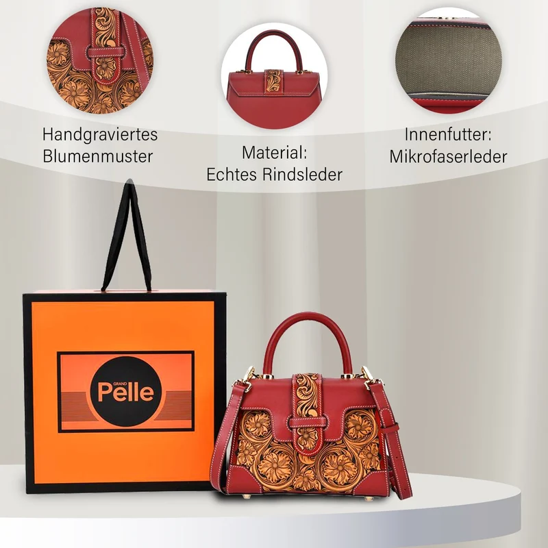 GRAND PELLE Elite Kollektion - Exklusive Handgravierte Leder-Satchelhandtasche mit Floralem Meisterwerk, Größe 23 x 16,5 x 9,5 cm, rot
