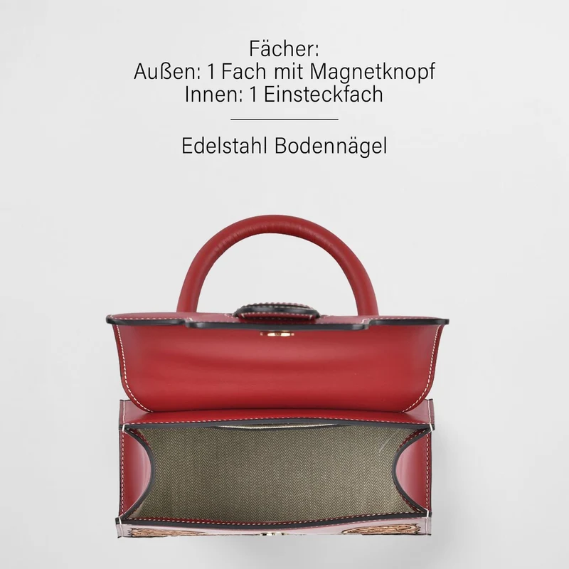 GRAND PELLE Elite Kollektion - Exklusive Handgravierte Leder-Satchelhandtasche mit Floralem Meisterwerk, Größe 23 x 16,5 x 9,5 cm, rot