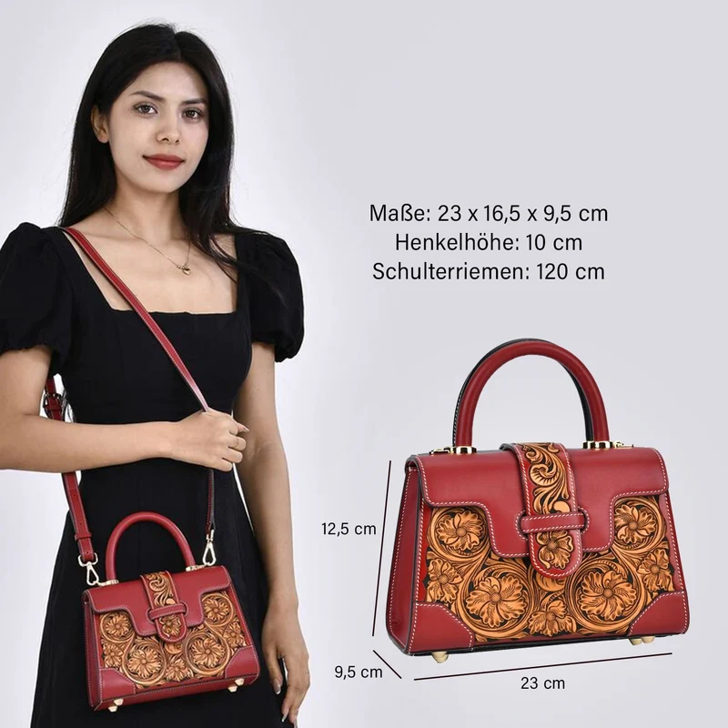 GRAND PELLE Elite Kollektion - Exklusive Handgravierte Leder-Satchelhandtasche mit Floralem Meisterwerk, Größe 23 x 16,5 x 9,5 cm, rot