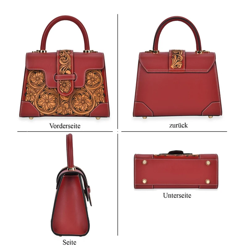 GRAND PELLE Elite Kollektion - Exklusive Handgravierte Leder-Satchelhandtasche mit Floralem Meisterwerk, Größe 23 x 16,5 x 9,5 cm, rot