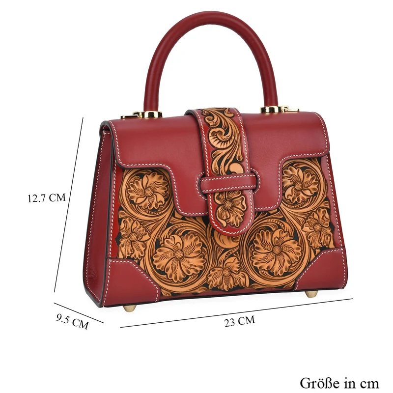 GRAND PELLE Elite Kollektion - Exklusive Handgravierte Leder-Satchelhandtasche mit Floralem Meisterwerk, Größe 23 x 16,5 x 9,5 cm, rot