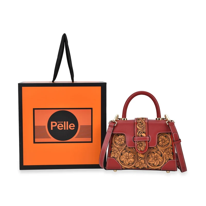 GRAND PELLE Elite Kollektion - Exklusive Handgravierte Leder-Satchelhandtasche mit Floralem Meisterwerk, Größe 23 x 16,5 x 9,5 cm, rot