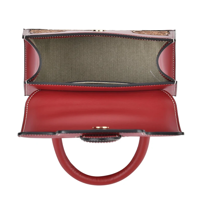 GRAND PELLE Elite Kollektion - Exklusive Handgravierte Leder-Satchelhandtasche mit Floralem Meisterwerk, Größe 23 x 16,5 x 9,5 cm, rot
