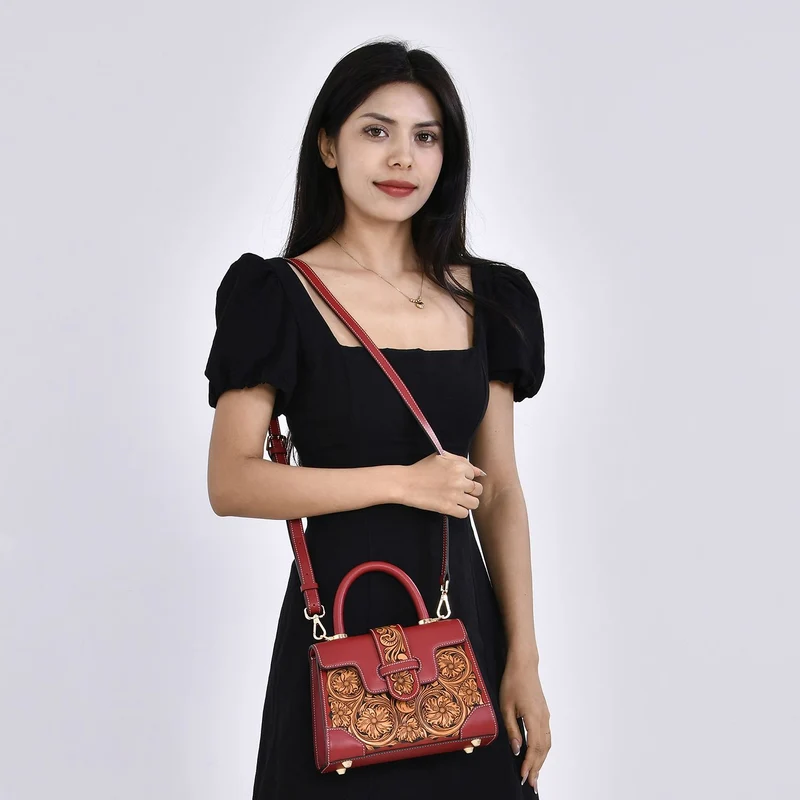 GRAND PELLE Elite Kollektion - Exklusive Handgravierte Leder-Satchelhandtasche mit Floralem Meisterwerk, Größe 23 x 16,5 x 9,5 cm, rot