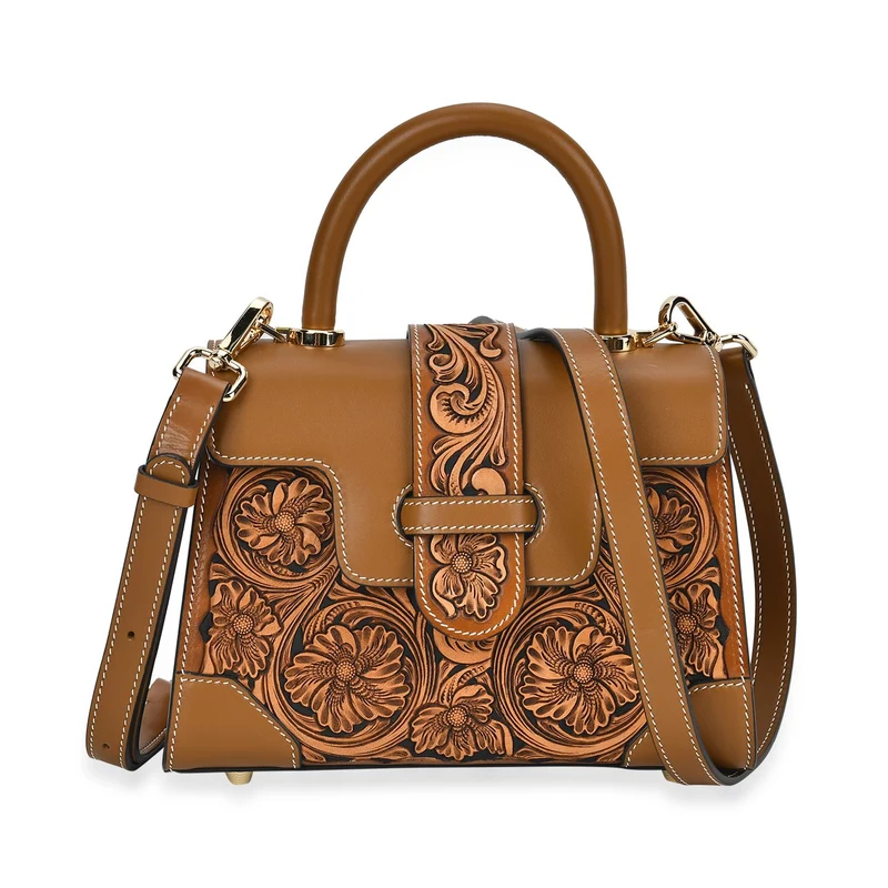 GRAND PELLE Elite Kollektion - Exklusive Handgravierte Leder-Satchelhandtasche mit Floralem Meisterwerk, Größe 23 x 16,5 x 9,5 cm, rot