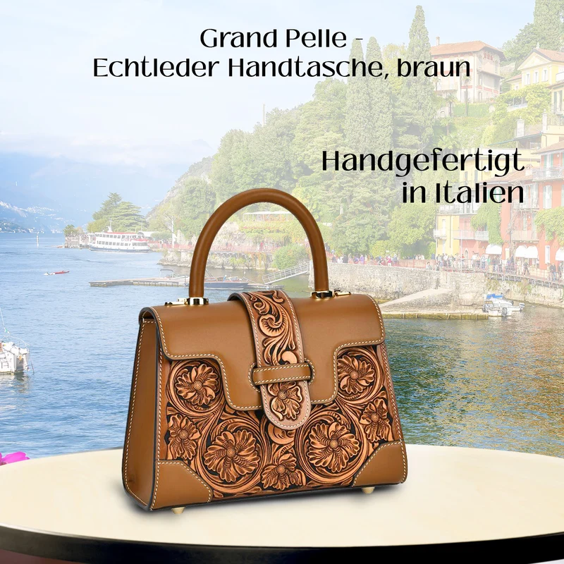 GRAND PELLE Elite Kollektion - Exklusive Handgravierte Leder-Satchelhandtasche mit Floralem Meisterwerk, Größe 23 x 16,5 x 9,5 cm, rot
