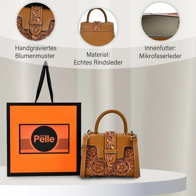 GRAND PELLE Elite Kollektion - Exklusive Handgravierte Leder-Satchelhandtasche mit Floralem Meisterwerk, Größe 23 x 16,5 x 9,5 cm, rot