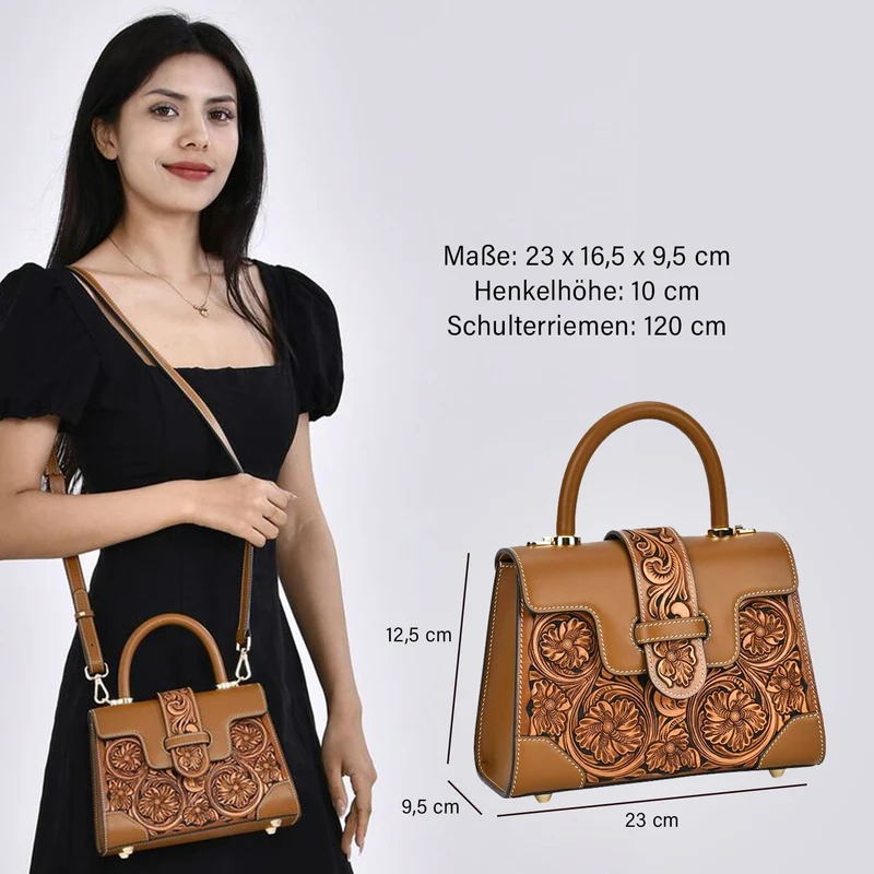 GRAND PELLE Elite Kollektion - Exklusive Handgravierte Leder-Satchelhandtasche mit Floralem Meisterwerk, Größe 23 x 16,5 x 9,5 cm, rot