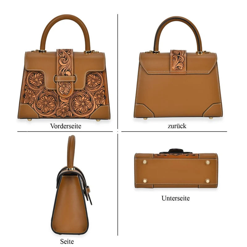 GRAND PELLE Elite Kollektion - Exklusive Handgravierte Leder-Satchelhandtasche mit Floralem Meisterwerk, Größe 23 x 16,5 x 9,5 cm, rot