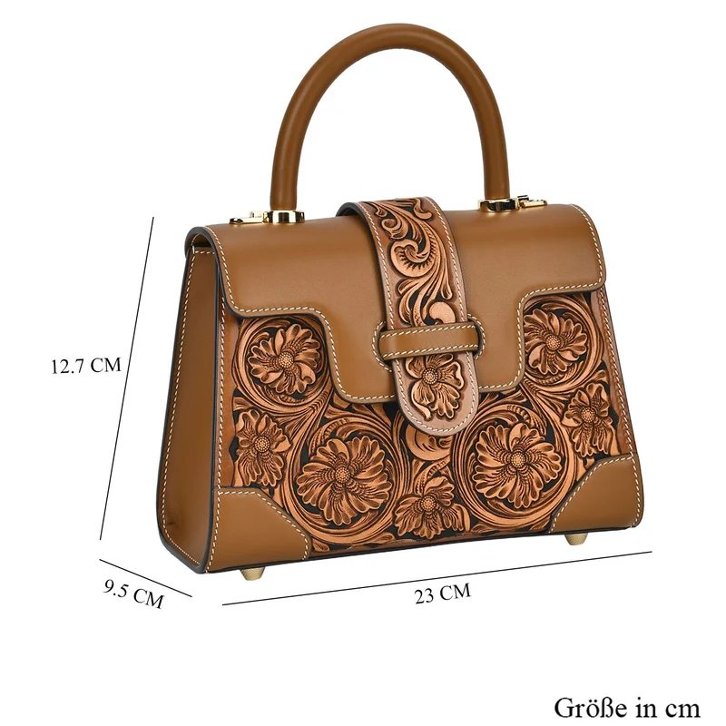 GRAND PELLE Elite Kollektion - Exklusive Handgravierte Leder-Satchelhandtasche mit Floralem Meisterwerk, Größe 23 x 16,5 x 9,5 cm, rot