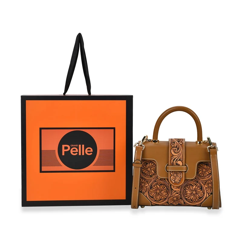 GRAND PELLE Elite Kollektion - Exklusive Handgravierte Leder-Satchelhandtasche mit Floralem Meisterwerk, Größe 23 x 16,5 x 9,5 cm, rot