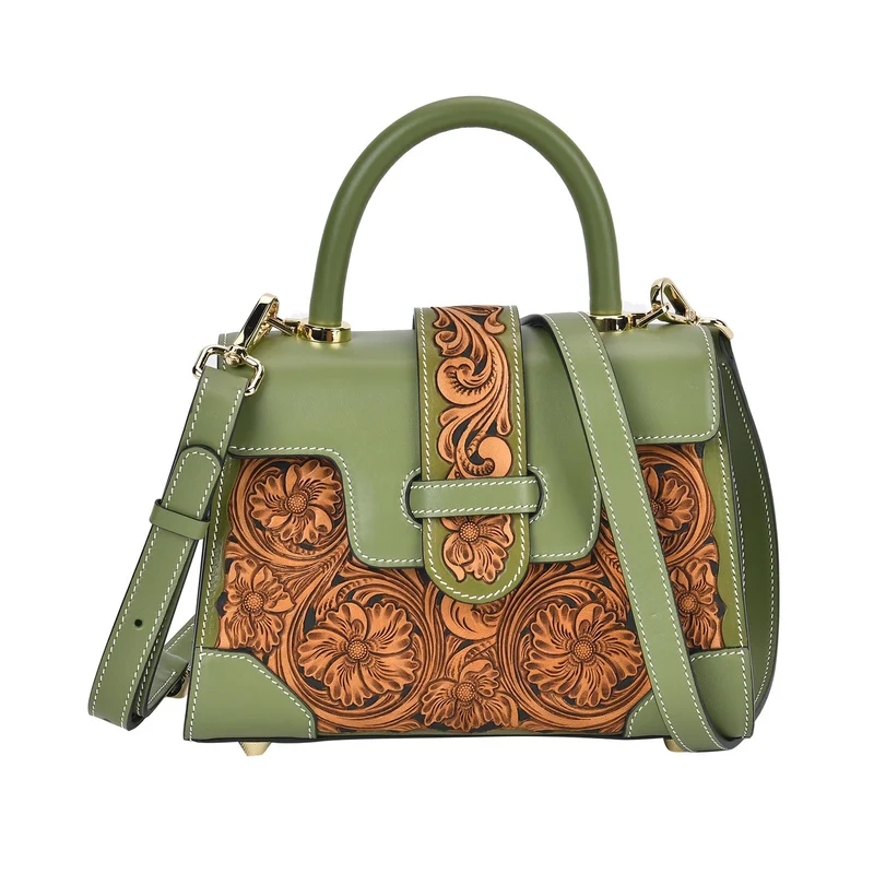 GRAND PELLE Elite Kollektion - Exklusive Handgravierte Leder-Satchelhandtasche mit Floralem Meisterwerk, Größe 23 x 16,5 x 9,5 cm, rot