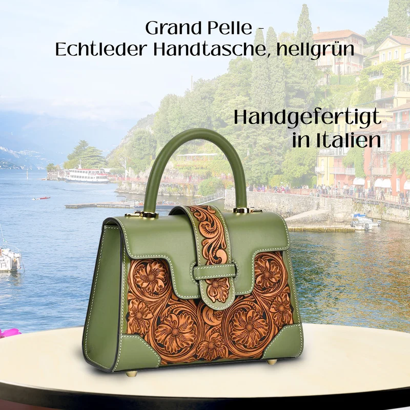 GRAND PELLE Elite Kollektion - Exklusive Handgravierte Leder-Satchelhandtasche mit Floralem Meisterwerk, Größe 23 x 16,5 x 9,5 cm, rot