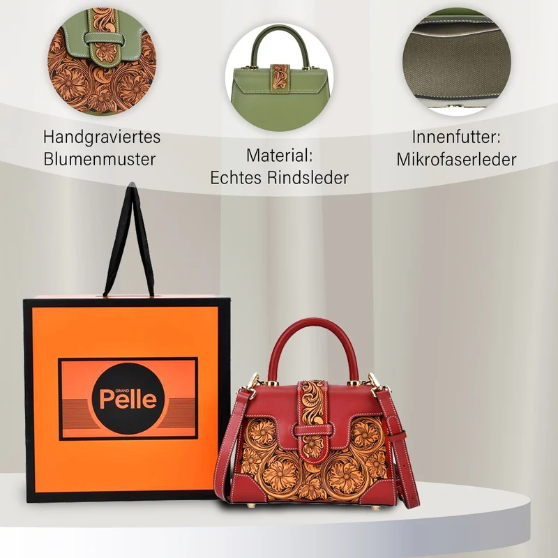 GRAND PELLE Elite Kollektion - Exklusive Handgravierte Leder-Satchelhandtasche mit Floralem Meisterwerk, Größe 23 x 16,5 x 9,5 cm, rot