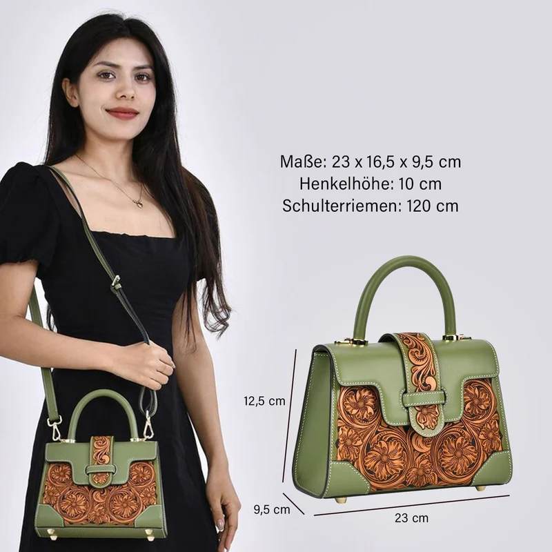 GRAND PELLE Elite Kollektion - Exklusive Handgravierte Leder-Satchelhandtasche mit Floralem Meisterwerk, Größe 23 x 16,5 x 9,5 cm, rot