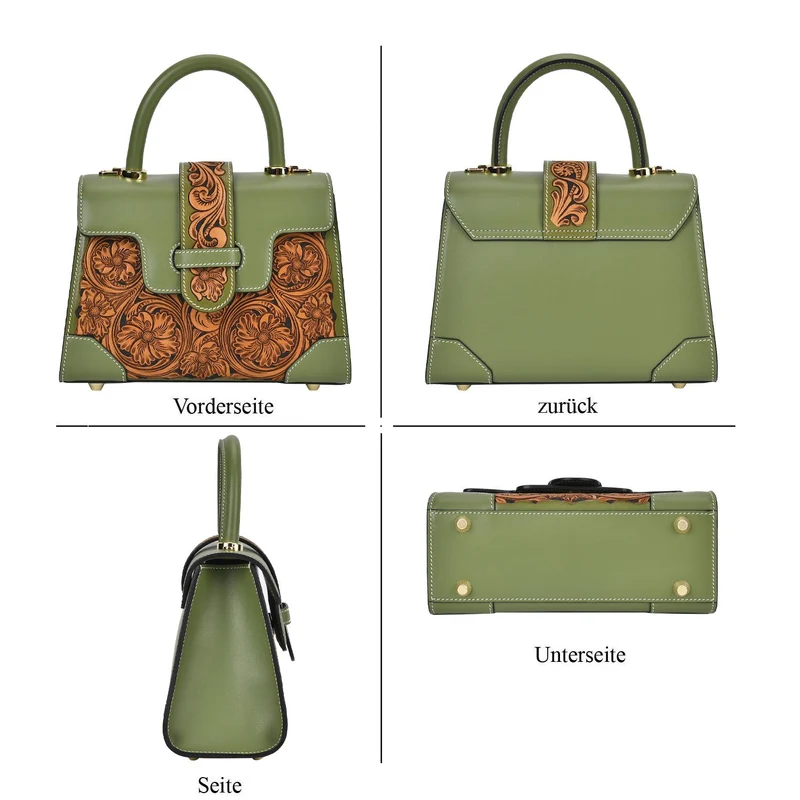 GRAND PELLE Elite Kollektion - Exklusive Handgravierte Leder-Satchelhandtasche mit Floralem Meisterwerk, Größe 23 x 16,5 x 9,5 cm, rot