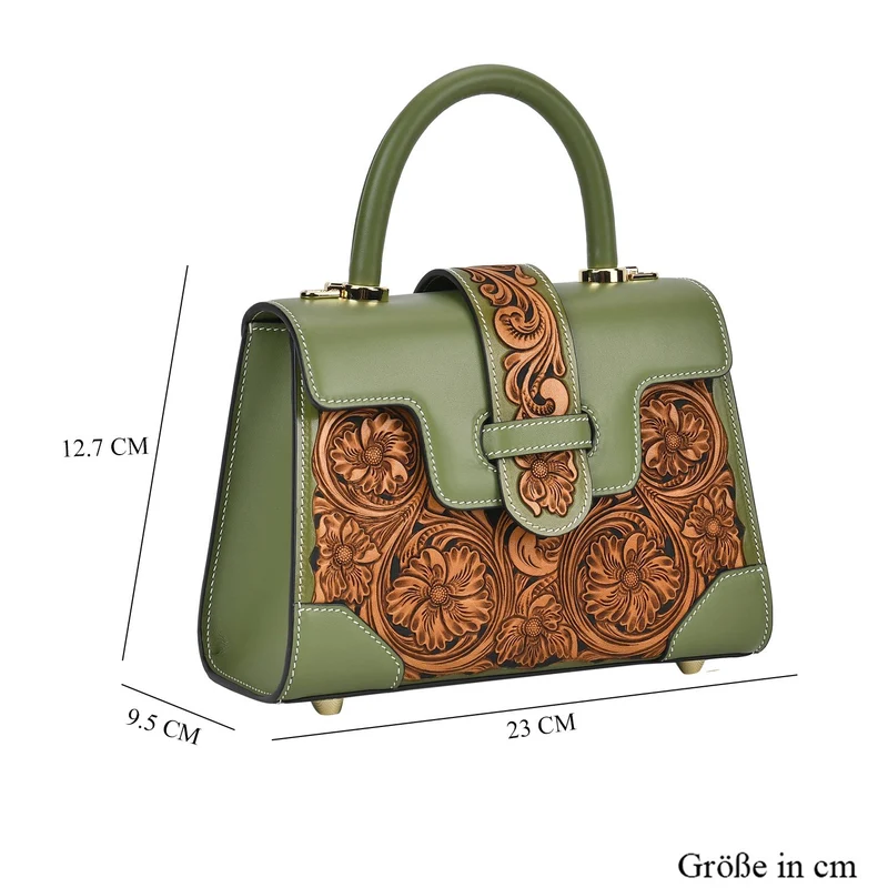 GRAND PELLE Elite Kollektion - Exklusive Handgravierte Leder-Satchelhandtasche mit Floralem Meisterwerk, Größe 23 x 16,5 x 9,5 cm, rot