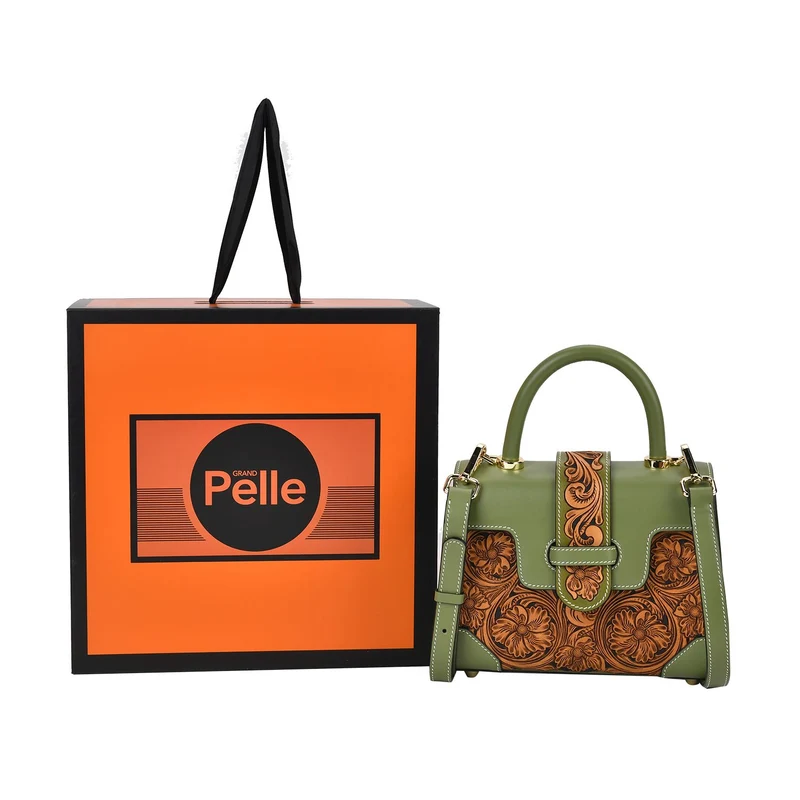 GRAND PELLE Elite Kollektion - Exklusive Handgravierte Leder-Satchelhandtasche mit Floralem Meisterwerk, Größe 23 x 16,5 x 9,5 cm, rot