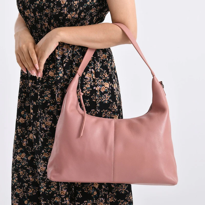 Echtleder-Hobo-Bag mit abnehmbarem Schulterriemen, 41x10x35 cm, Altrosa