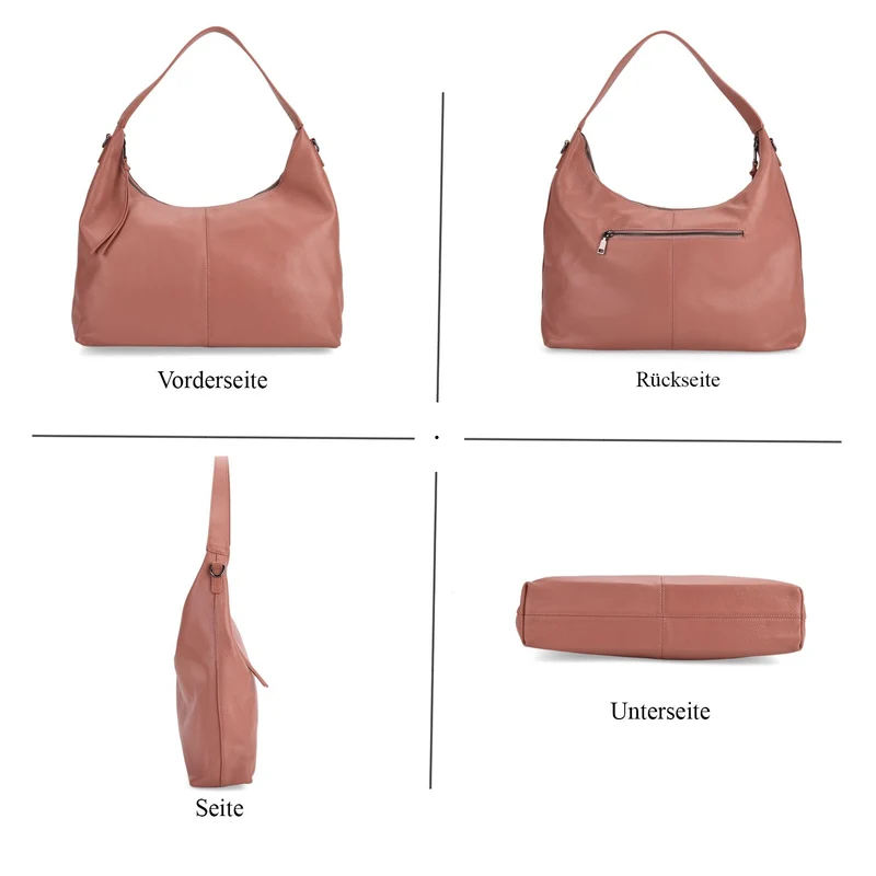Echtleder-Hobo-Bag mit abnehmbarem Schulterriemen, 41x10x35 cm, Altrosa