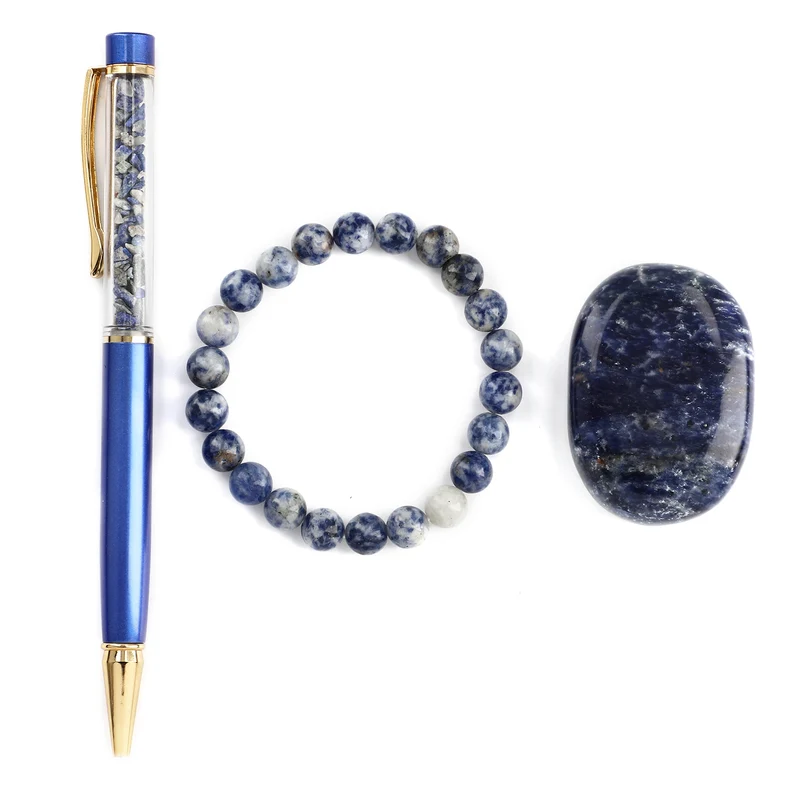 3er Exklusives Set - Sodalith - Eleganter Handstein, stilvolles Armband, und luxuriöser Kugelschreiber mit Kristallkugel