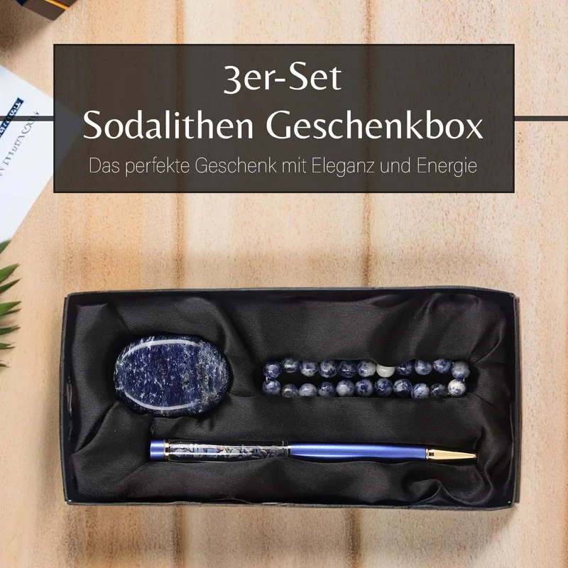 3er Exklusives Set - Sodalith - Eleganter Handstein, stilvolles Armband, und luxuriöser Kugelschreiber mit Kristallkugel