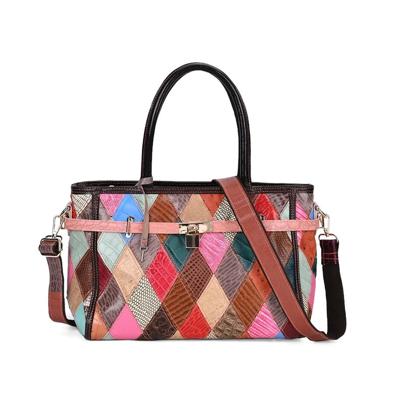 Chaos by Elsie - Echte Leder Umhängetasche mit RFID, Patchwork-Rhombenmuster und Krokodilprägung, 34x14x25 cm, Mattes Patchwork