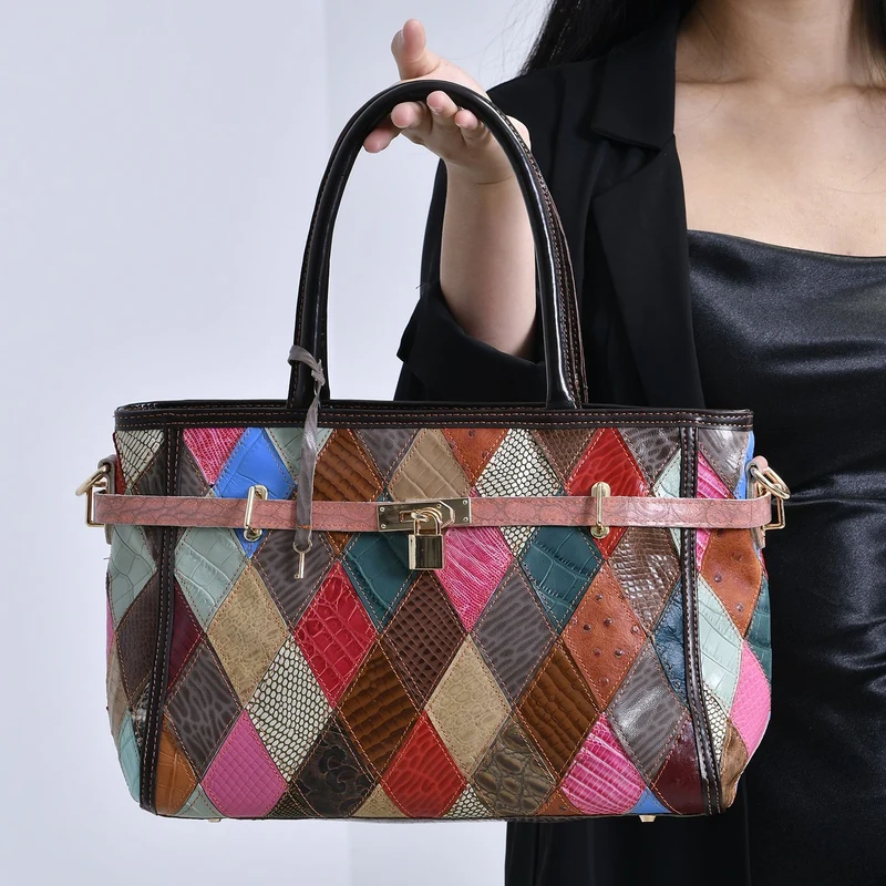 Chaos by Elsie - Echte Leder Umhängetasche mit RFID, Patchwork-Rhombenmuster und Krokodilprägung, 34x14x25 cm, Mattes Patchwork