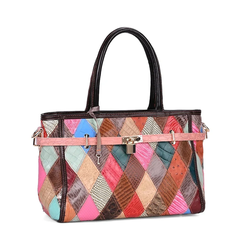 Chaos by Elsie - Echte Leder Umhängetasche mit RFID, Patchwork-Rhombenmuster und Krokodilprägung, 34x14x25 cm, Mattes Patchwork