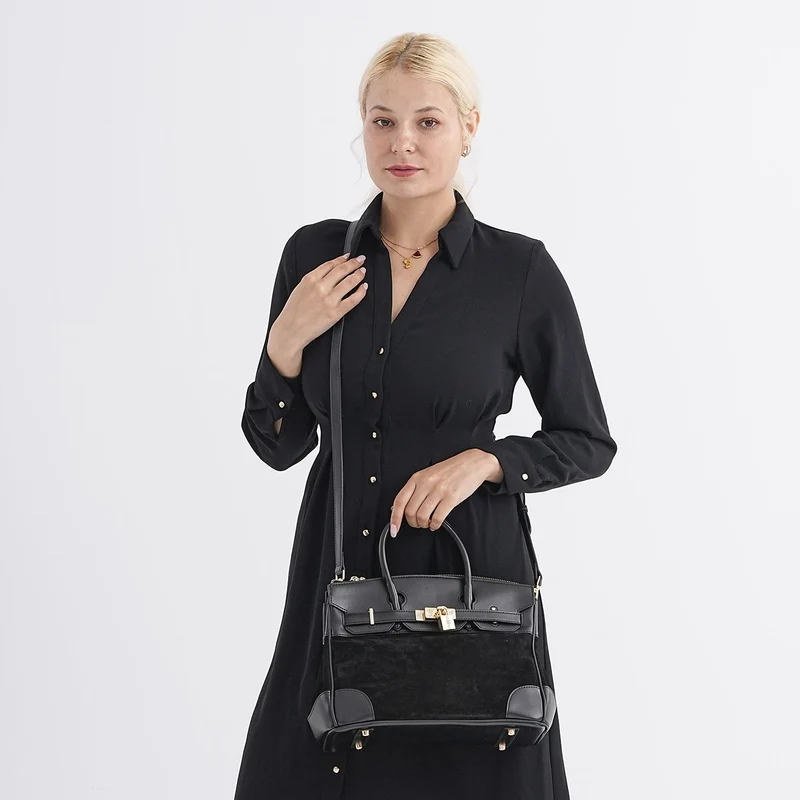 Grand Pelle Echtleder Citybag mit Reißverschluss und Schlossoptik 30 x 16 x 23 cm Schwarz
