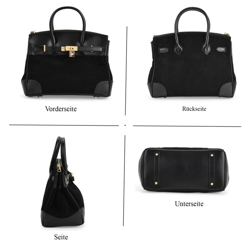 Grand Pelle Echtleder Citybag mit Reißverschluss und Schlossoptik 30 x 16 x 23 cm Schwarz